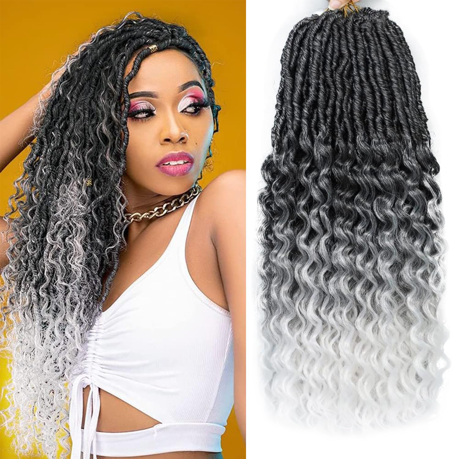 FANWYFYU New Faux Locs Crochet Hair With Deep Curly Ends 24 Inch 6Packs Black Goddess Soft Locs Synthetic Braids Prelooped Dreadlock Hair Extensions ((1B/Gray/White) — image 1