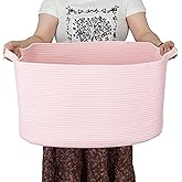 XUANGUO Large Rectangle Blankets Baskets 22"x17"x12" Toy Basket for Kids Woven Cotton Rope Storage Basket for Nursery - Wicker Laundry Baskets for Clothes Towels - Ideal for Living Room Storage pink
