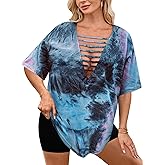 Remidoo Womens Oversized Tshirt Ripped Tie Dye Shirt Sexy Cut Out Top Short Sleeve V Neck Tee