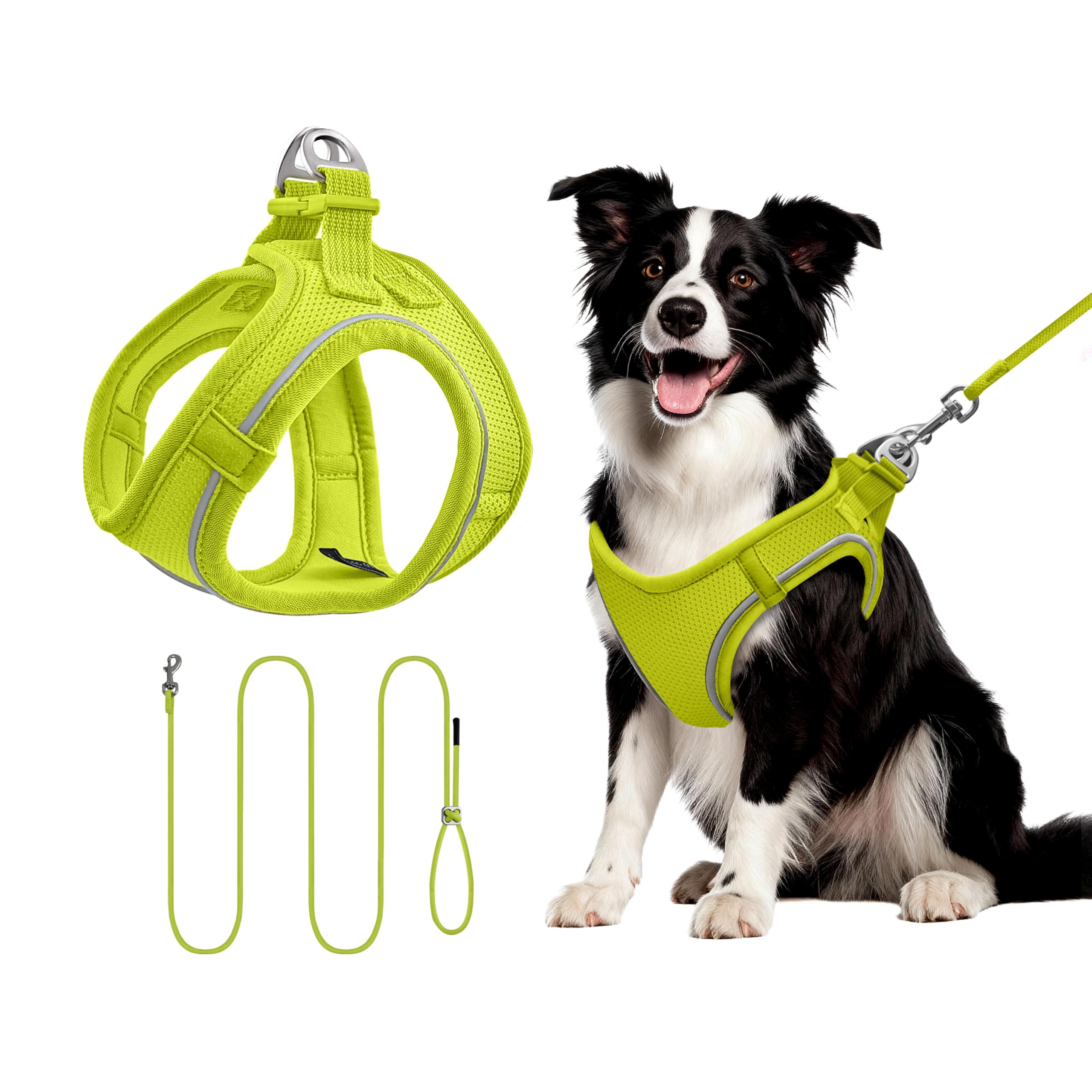 Qianruida Vest Harness for Dogs, Vest Style Pet Harness, Reflective and Breathable Dog Lead, Lead for Small and Medium Cats (Lime-Green L）