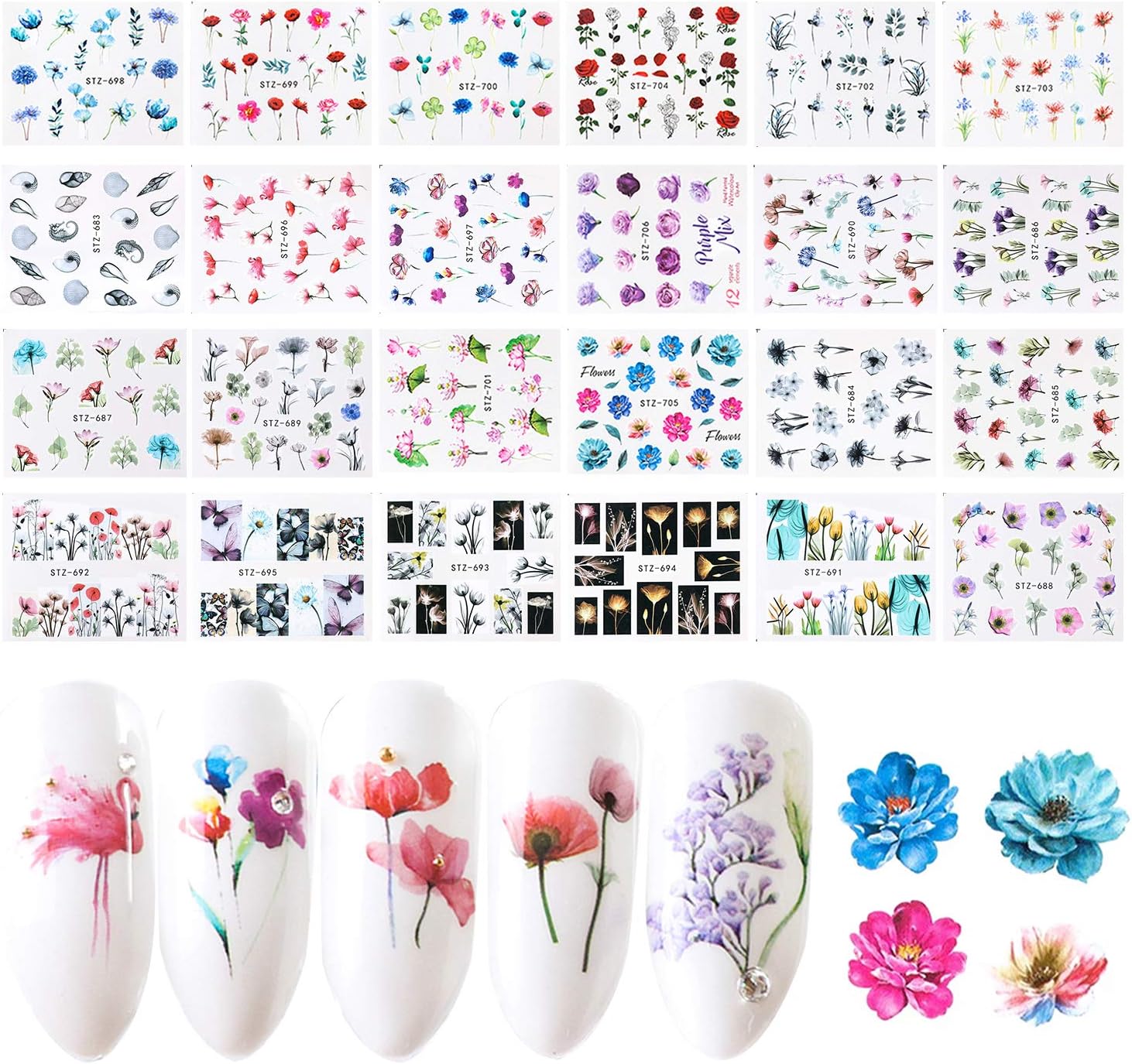 Nail Art Stickers, FunPa 24 Sheets Nail Stickers Floral Pattern Water Transfer DIY Nail Decals Self-Adhesive Stickers for Women Girls Nail Art Accessories Decals Manicure DIY or Nail Salon: Arts, Crafts & Sewing