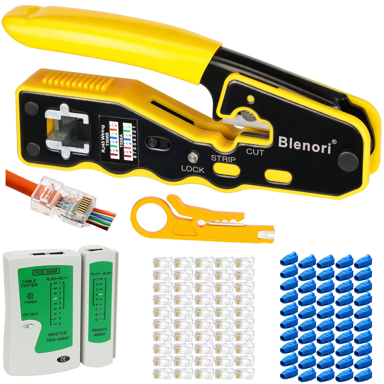 Blenori Pass Through RJ45 Crimp Tool Kit- Cat6 Crimping Tool with 50PCS Cat5e Cat6 Connectors, 50PCS Covers, LAN Cable Tester, Blue (BL-32)