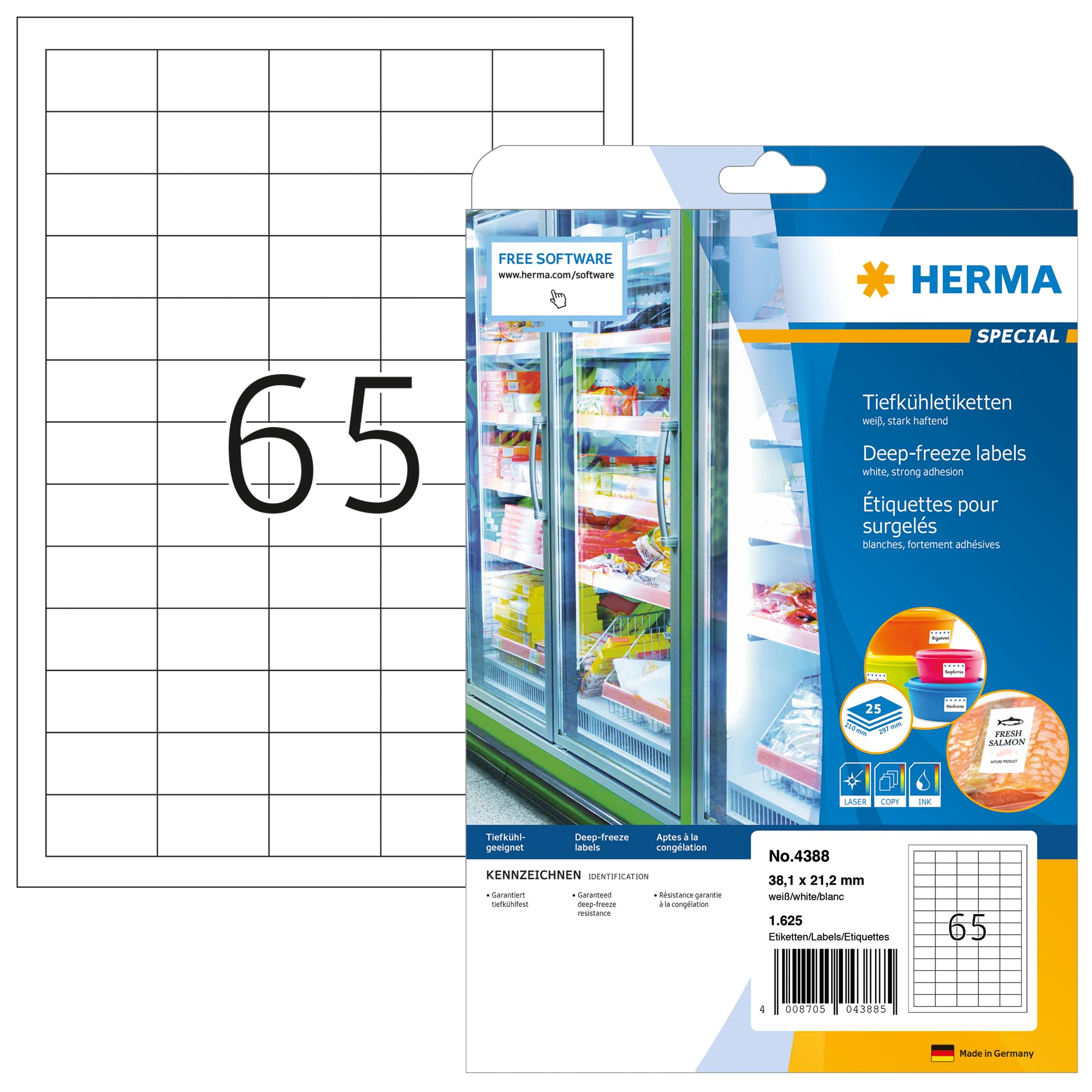 HERMA Self Adhesive Freezer Labels, 65 Labels per A4 Sheet, 25 Sheets, 38.1 x 21.2 mm, 1625 Labels, Blank Food Labels Stickers, Sticky Labels for Laser & Inkjet Printer, White