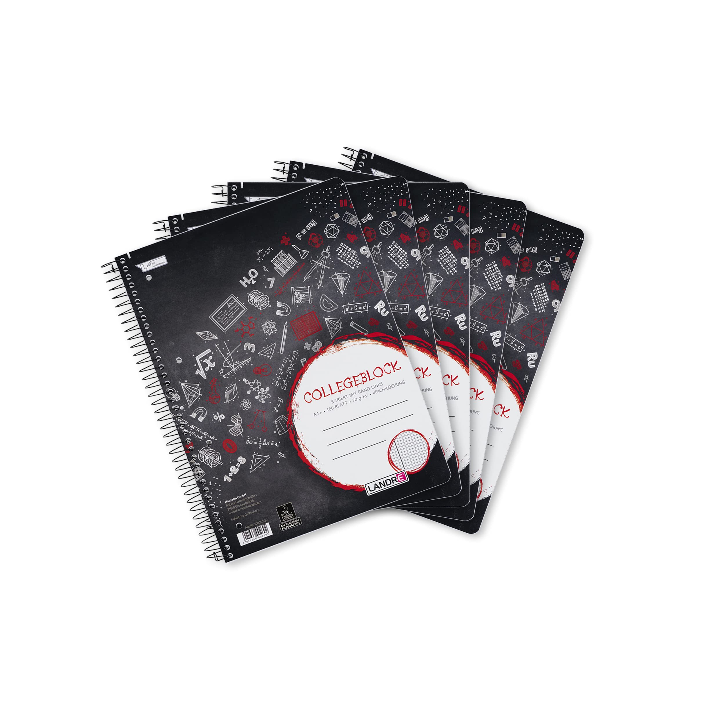 Landre Get Hot 100050152 Notebook A4 with 160 Tear-Out Pages 70 g/m² (Pack of 5) Square-Ruled