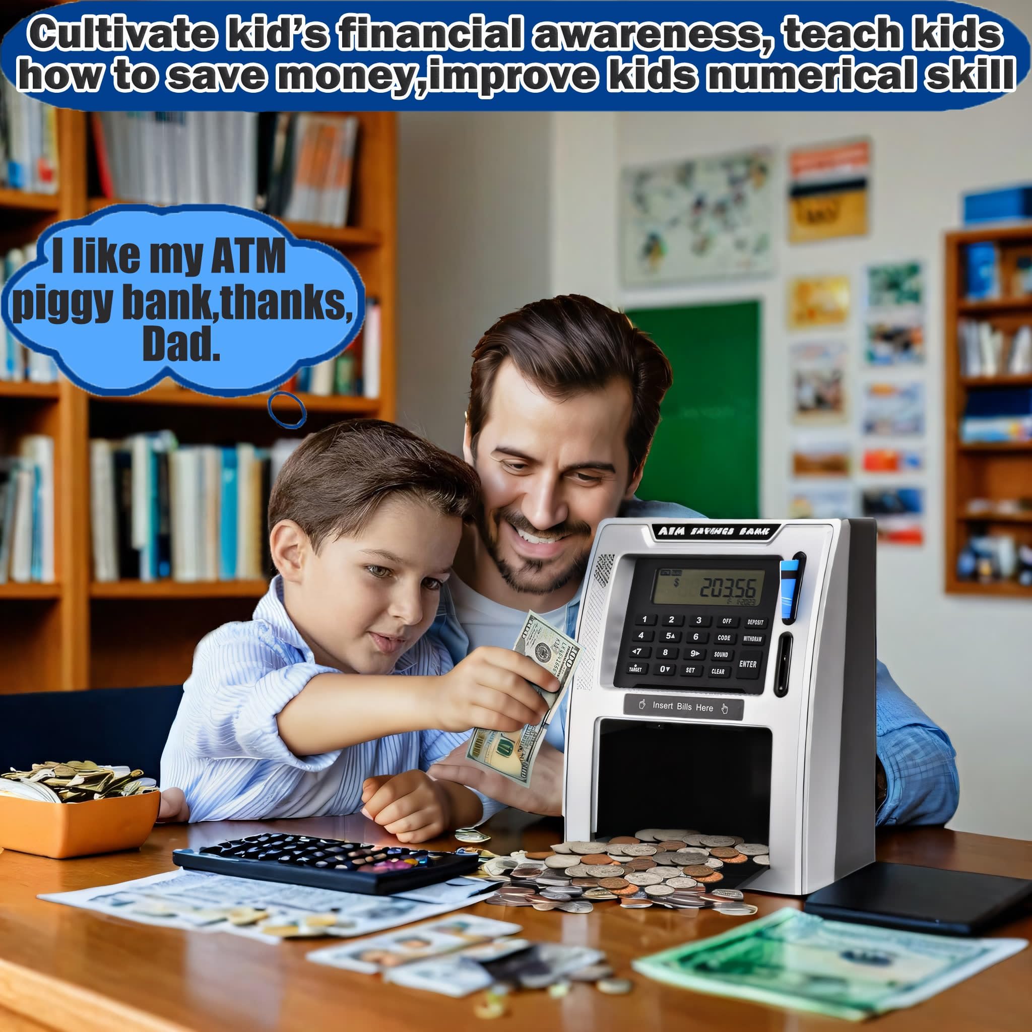 Fishboy Talking ATM Piggy Bank for Kids with Dual Debit Cards, Power-Off Memory, Auto-Opening Drawer for Real Money for Boys, Onekey Shutdown, Bill Feeder, Coin Recognition, Balance Calculator Machine