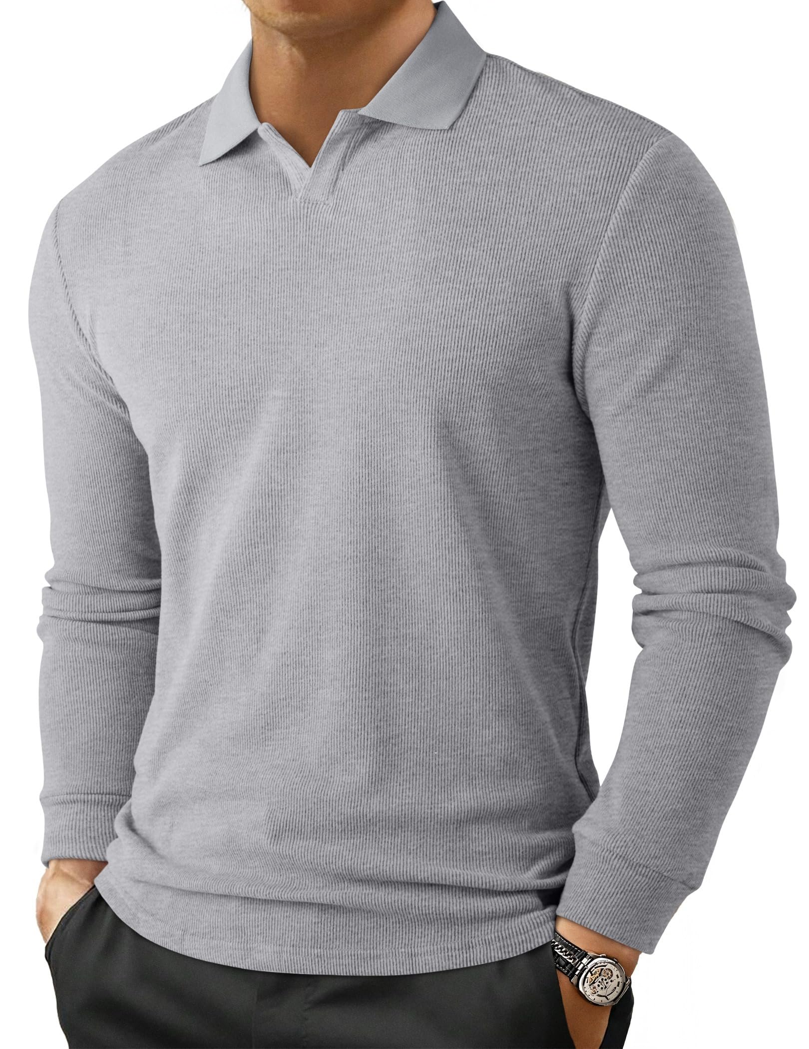 JMIERR Men's Casual Buttonless Polo Shirt Long Sleeve V Neck Ribbed Knit Golf Shirts