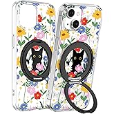Loheckle for iPhone 15 Plus/14 Plus Case with Stand- Compatible with MagSafe Women Girls Cute Clear Aesthetic Unique Design Soft TPU Built-in Stand Phone Cover for Apple 15/14 Plus, Cat Flower