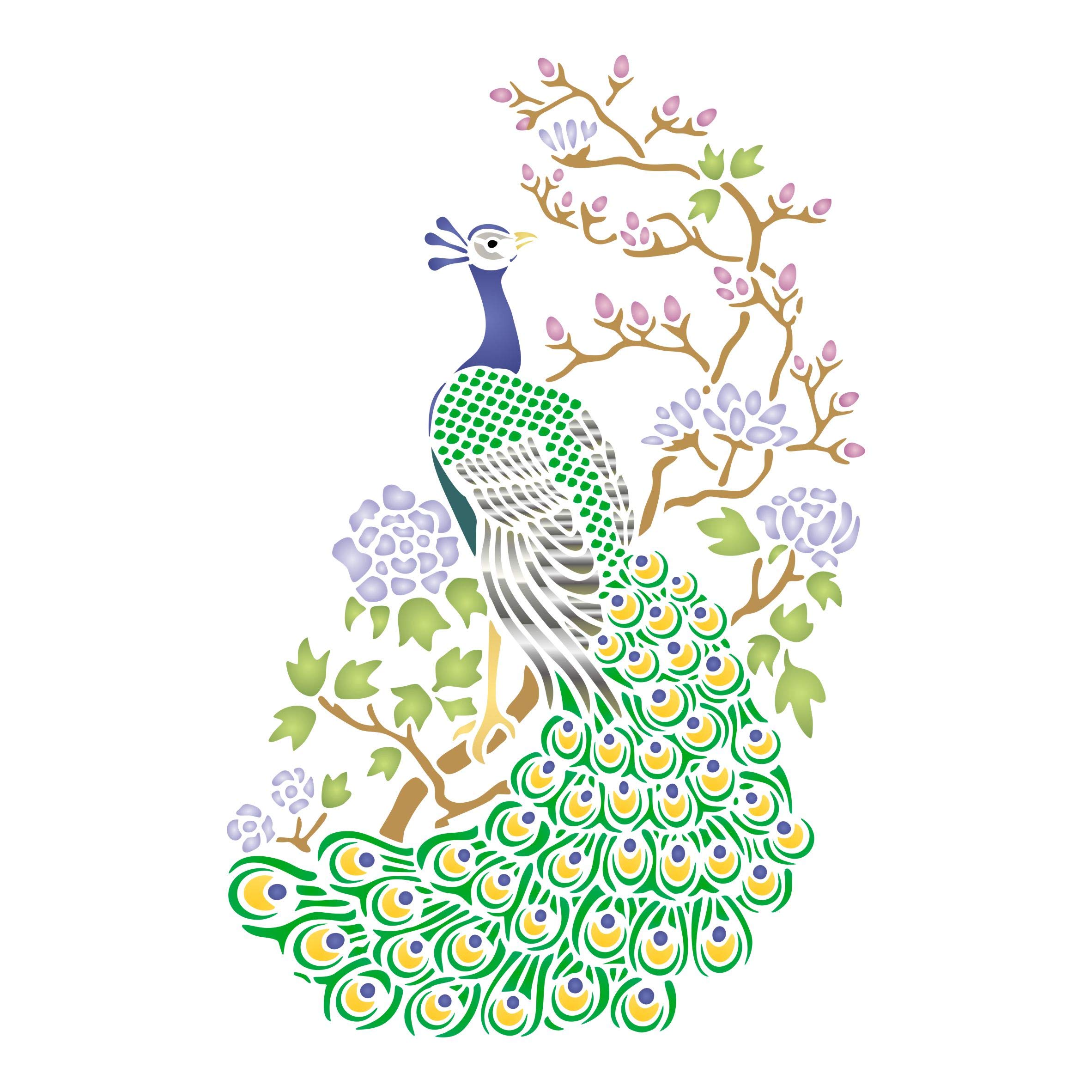 Oriental Peacock Stencil, 16.51 x 25.40 cm (S) - Stencil Company Original Chinese Japanese Asian Peacock Bird and Flowering Tree