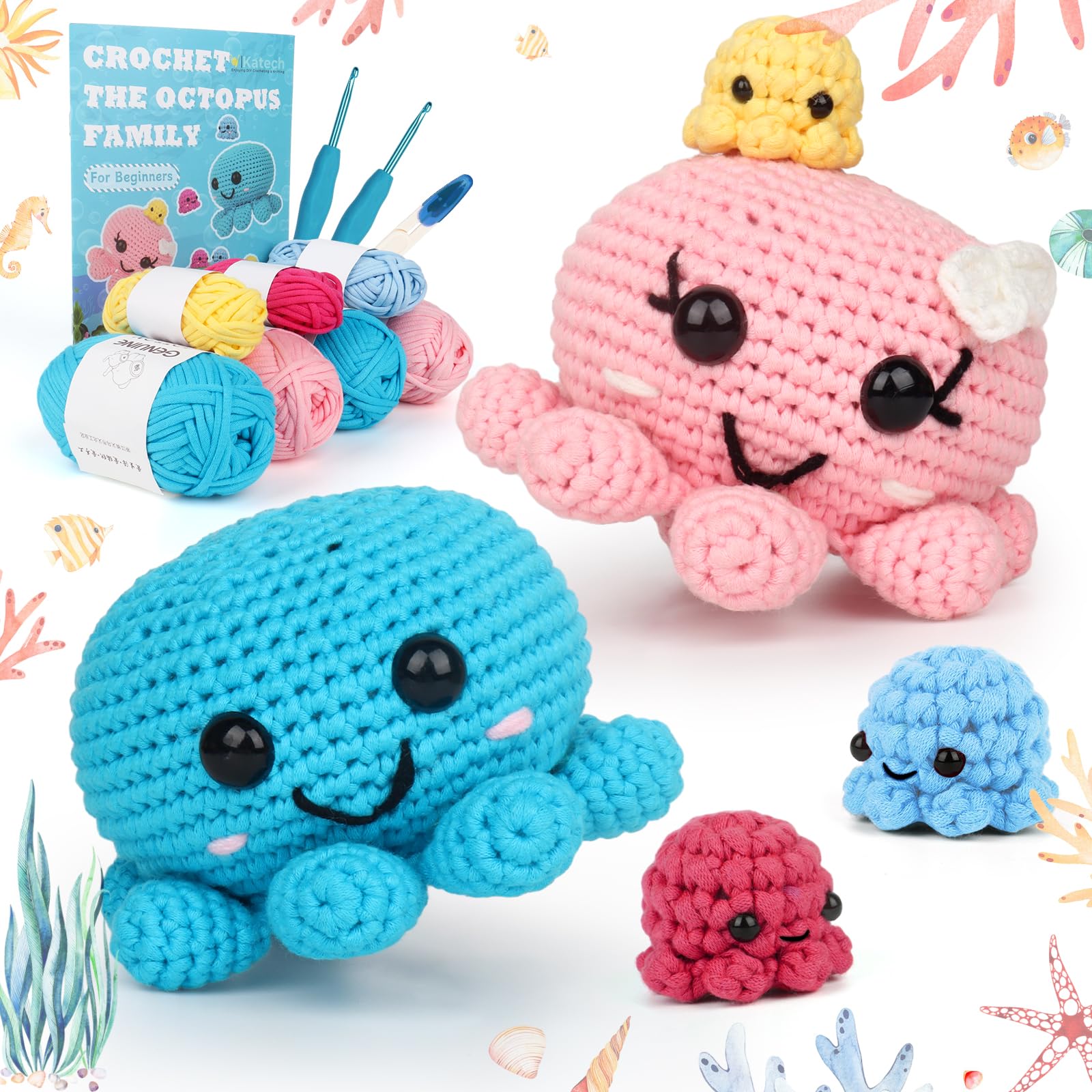 Photo 1 of Katech Crochet Kit for Beginners, Crochet Animal Kit with Step-by-Step Guide Book Beginner Yarn and 2 Crochet Hooks, Crochet Starter Kit for Adults Learn to Crochet Octopus Family (Pure Color)