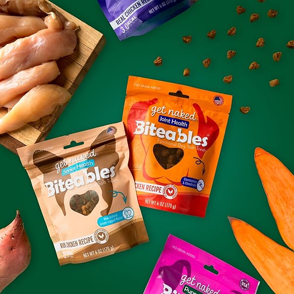 GET NAKED BITEABLES SENIOR HEALTH SOFT DOG TREATS, REAL CHICKEN TREAT FOR TOOTHLESS DOGS, 6OZ 1 POUCH