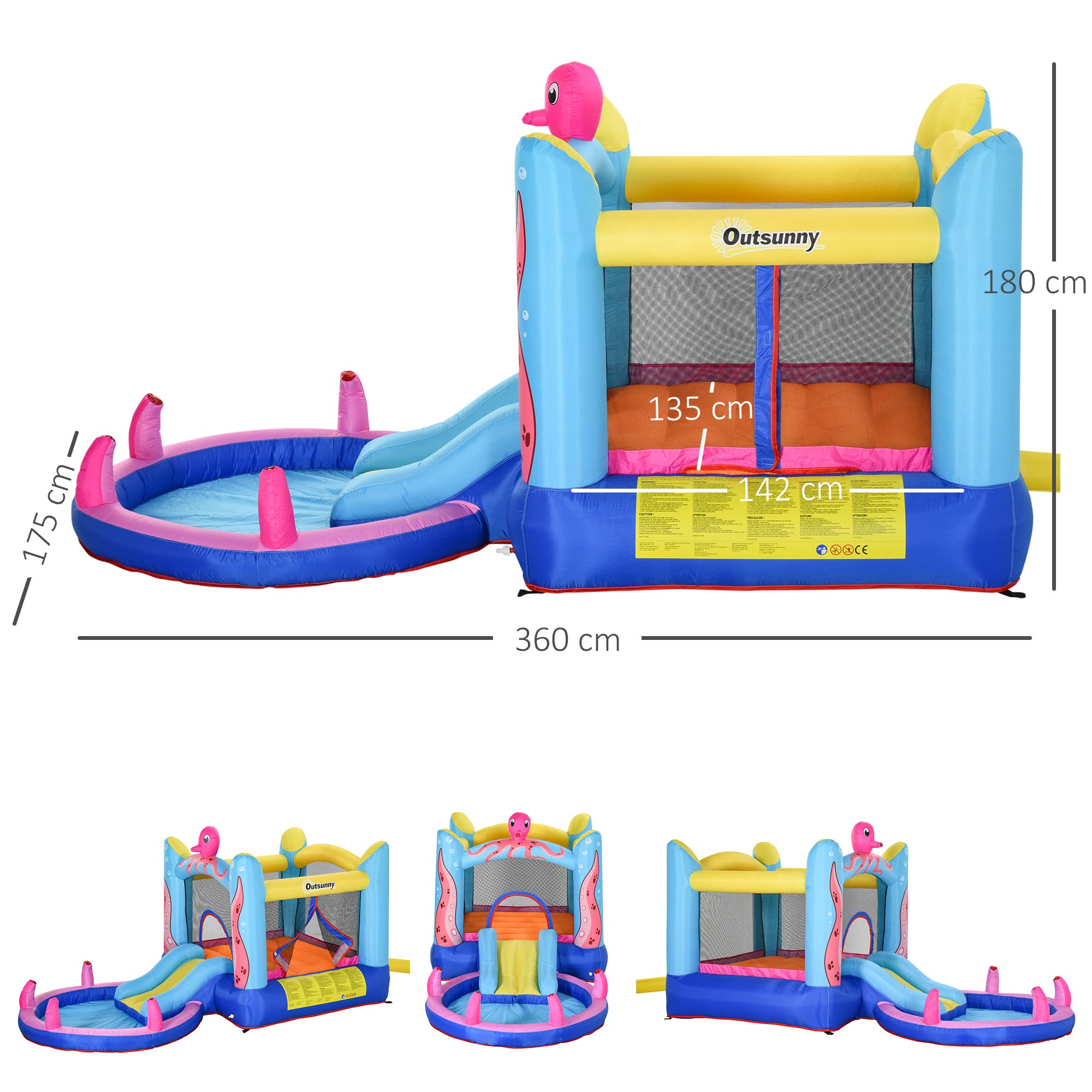 Outsunny Aufblasbare Hüpfburg mit Rutsche Springburg Spielburg Wasserpark für Kinder Trampolin aufblasbar Wasserrutsche Pool für 3-8 Jahre Oktopus-Muster Oxfordstoff 360 x 175 x 180 cm 7