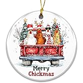 Merry Chickmas Chicken Ornament – Funny Farm Animal Christmas Ornament with Chickens in Red Truck – Ceramic Holiday Tree Decoration, Rustic Farmhouse Décor, Country for Chicken Lovers