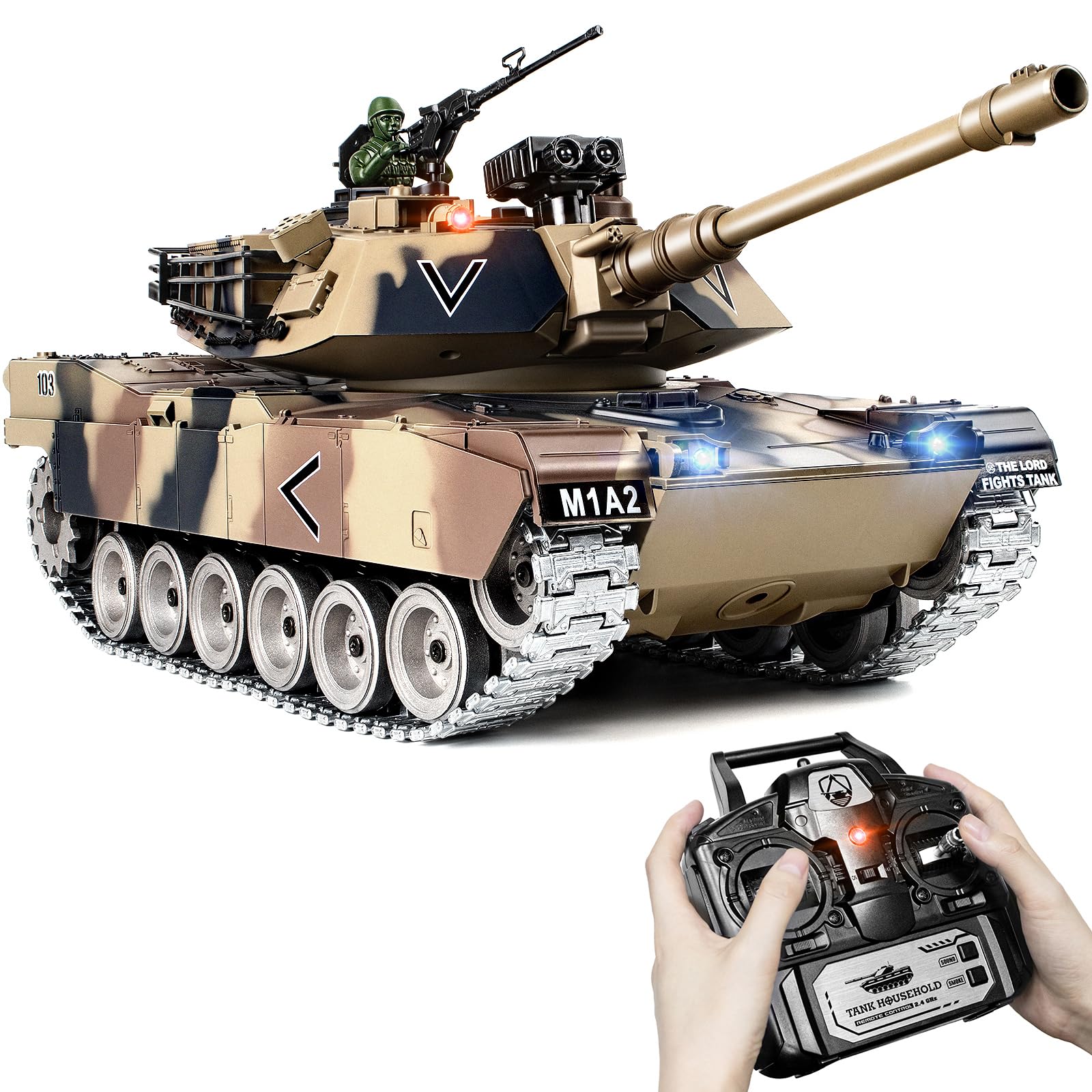 Supdex RC Tank 1:18 Metal M1A2 Abrams, Remote Control Tank, Military Model Toy, 2.4Ghz RC Model with BB, Smoke, Sound, Lights, Tactical Battle Gift for Kids and Adults