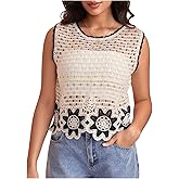 WDIRARA Women's Crochet Knit Sweater Vest Floral Hollow Out Crew Neck Sleeveless Tank Tops Knitwear