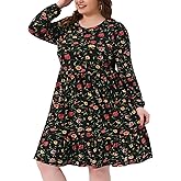 Agnes Orinda Plus Size Fall Dress for Women Round Neck Long Sleeve Pleated Tiered Midi Floral Dresses