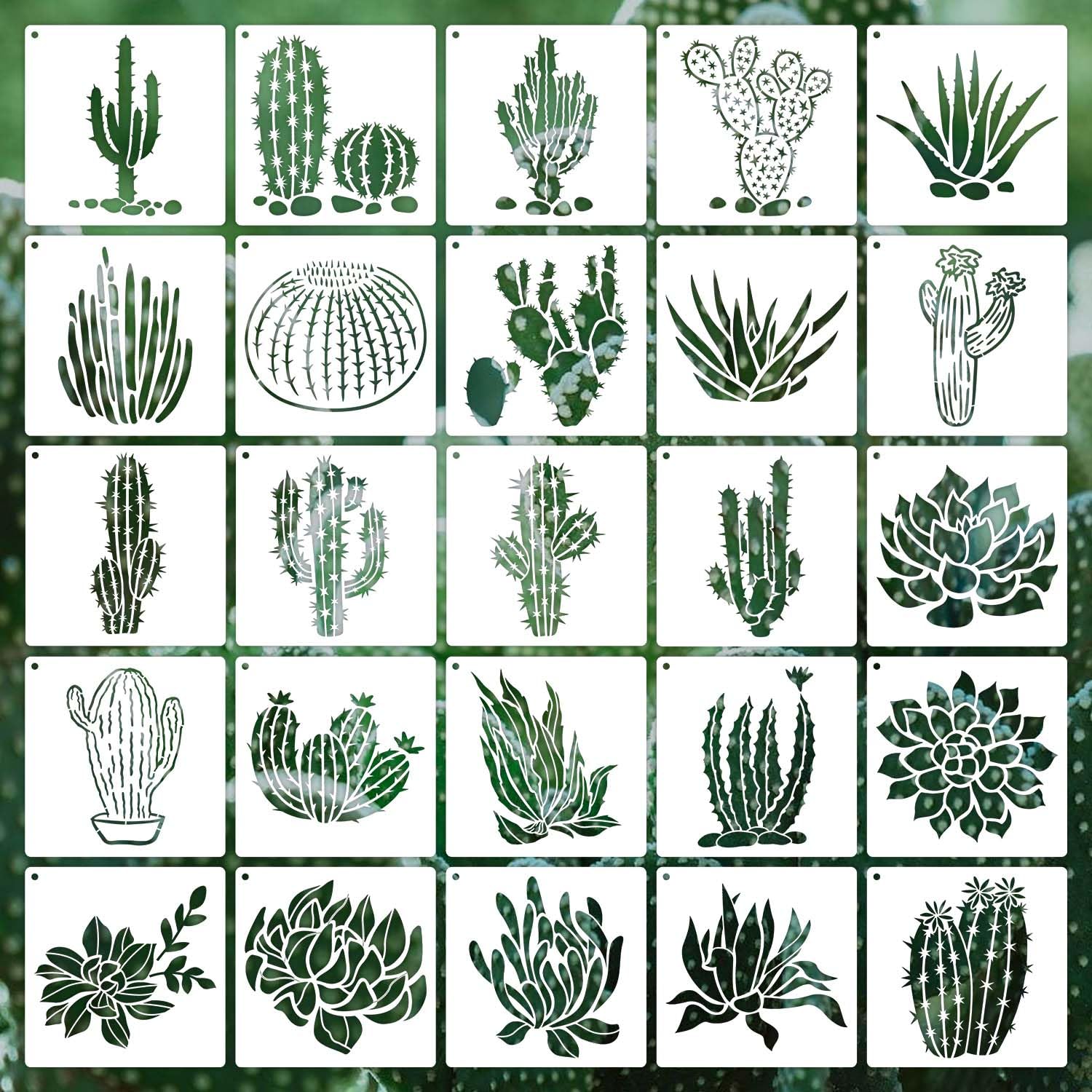 Photo 1 of 6 Inch Cactus Stencils Reusable Summer Cacti Stencils for Painting on Wood, 25 Pieces Tropical Succulent Stencil DIY Craft Template for Painting on Furniture, Canvas, Wall, Home Decor(Cactus)