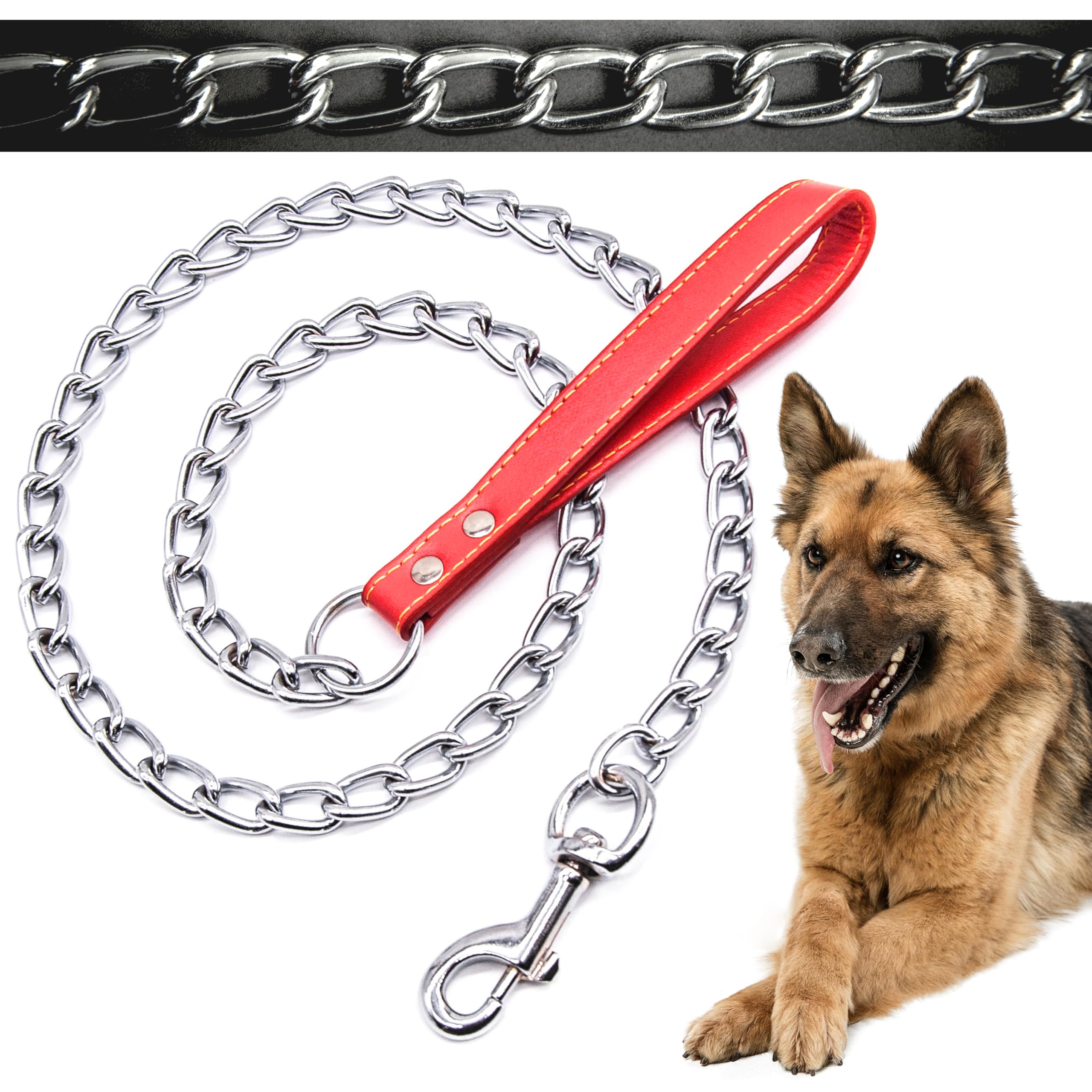 4ft (4mm) Premium DOG CHAIN with STRAP Chew Proof Dog Lead Hook Heavy Duty Outdoor Dog Camping Accessories Walking Dog Leashes Dog Chain Training Lead for Dogs (Red, 4mm (120cm))