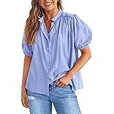 PRETTYGARDEN Women's 2026 Summer Button Down Shirts Short Lantern Sleeve V Neck Cotton Cute Tops Dressy Casual Blouses