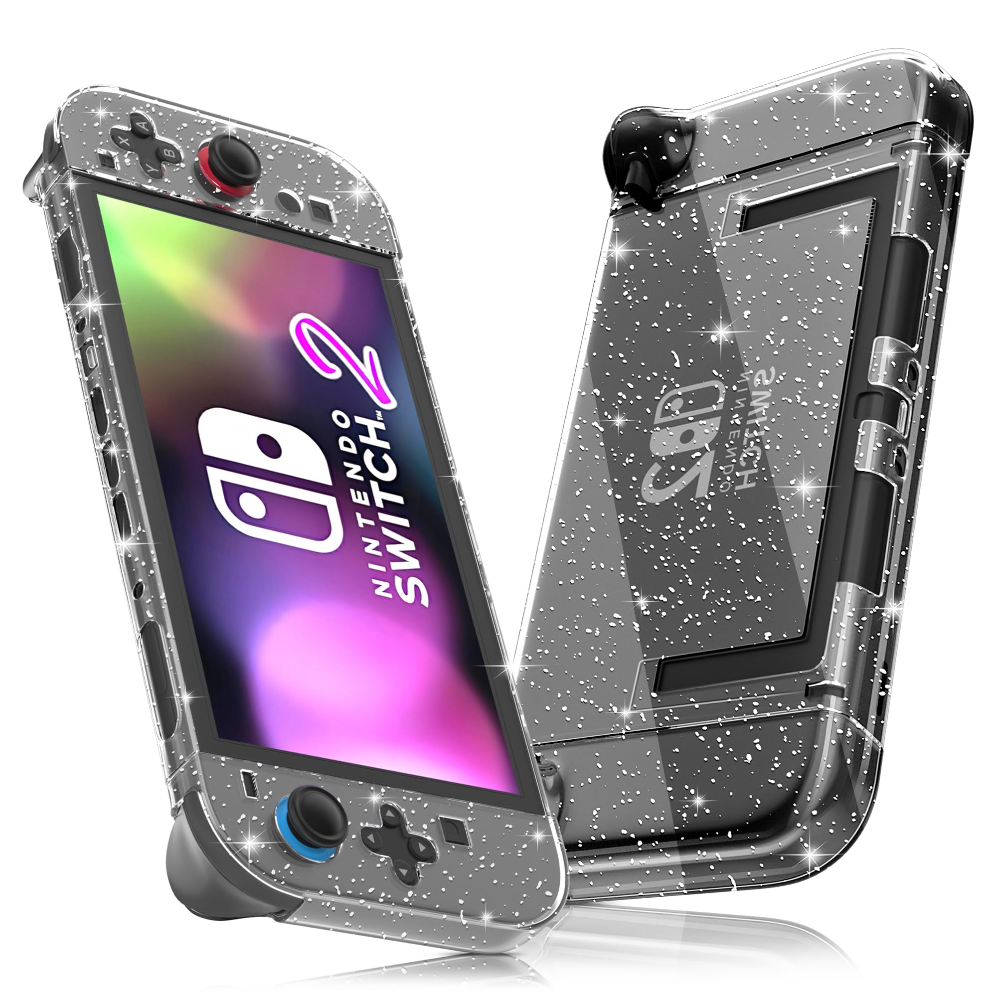 FUNDIARY Clear Glitter Protective Skins for Nintendo Switch 2 Skin PC Hard Shell Case Protector Switch 2 Transparent Protective Shell Cases Accessories Gifts for Chrismas - Not Easy to Fall Off
