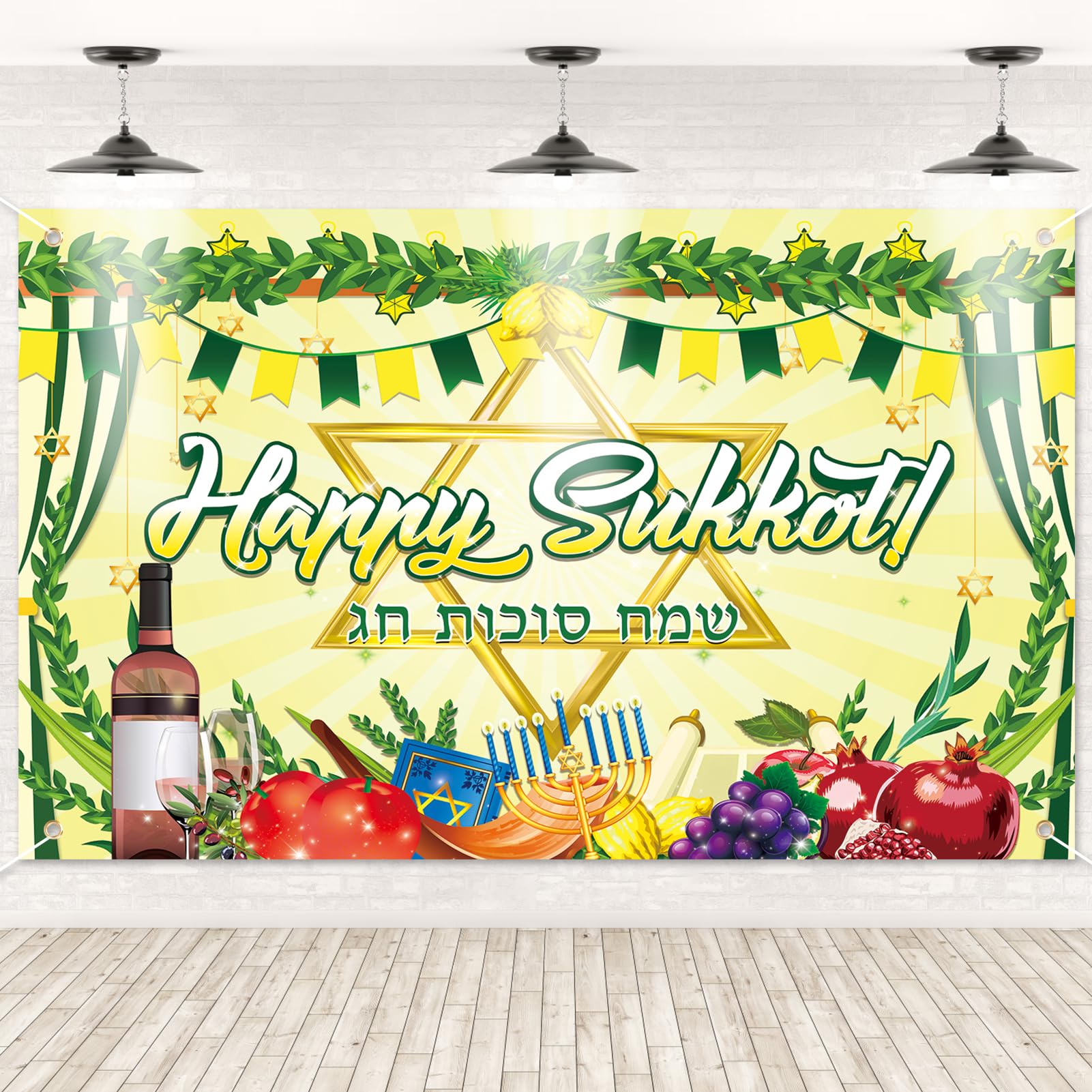 Photo 1 of *3 Pack* DPKOW Happy Sukkot Backdrop Banner, Extra Large Sukkah Decorations Photography Background Etrog Lulav Sukkot Party Supplies Jewish Harvest Holiday Sukkah Wall Hanging Decorations, 70.8×43.3 inch
