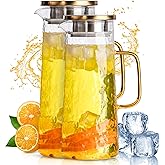 Glass Water Pitcher with Stainless Steel Lid, 2 Pack, 50 oz 1.5L - Borosilicate Glass Jug, Heat Resistant Carafe with Filter, Golden Vintage Design