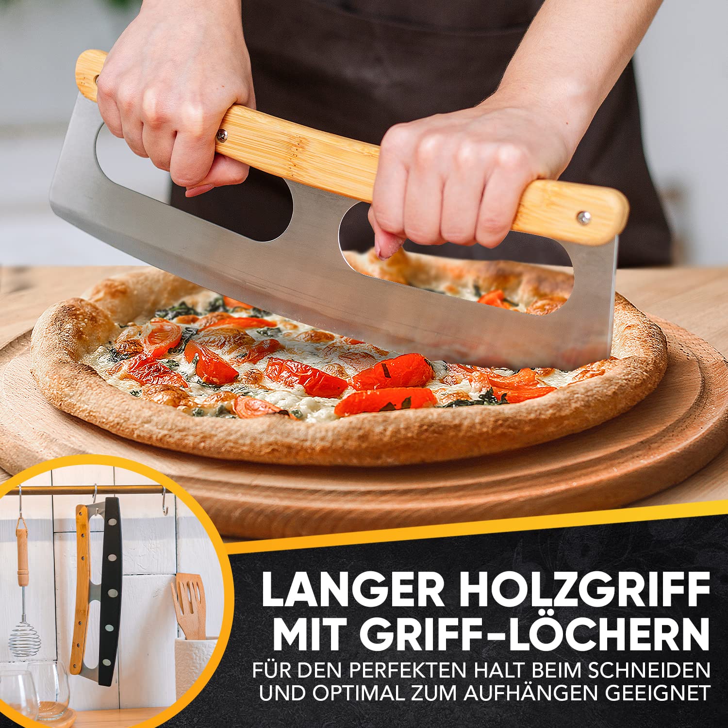 Loco Bird Pizzaschneider 34,5cm - Pizzamesser aus Edelstahl mit Bambusgriff - Pizza schneider mit Klingenschutz - Vielseitig einsetzbares Pizza Wiegemesser lustig - cutter scharfe Edelstahl Klinge 4