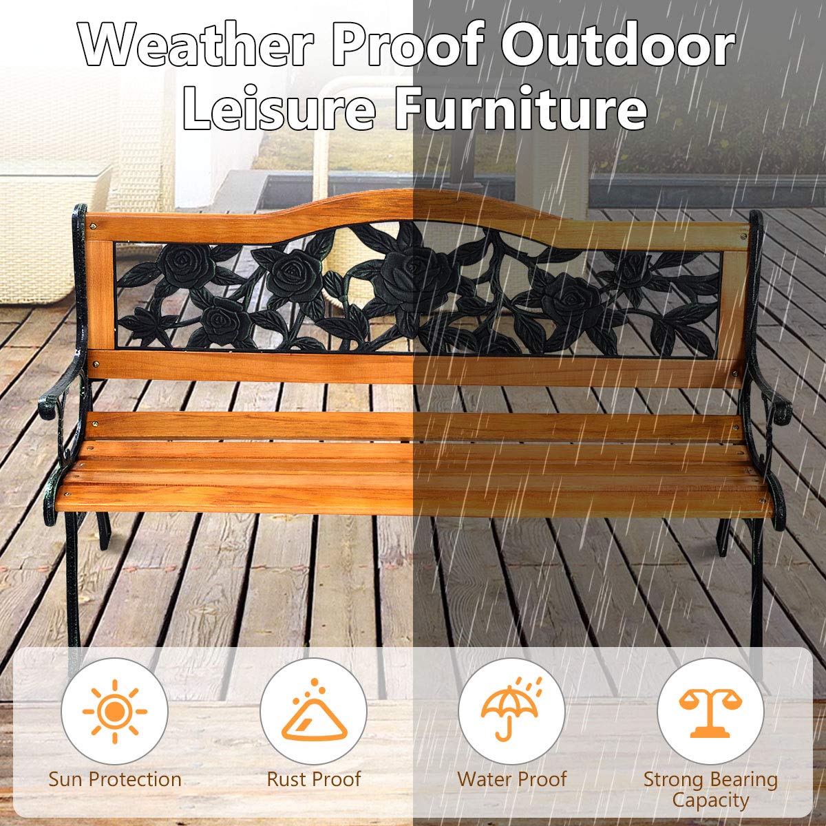 Outdoor Furniture Rose Cast Iron Hardwood Frame Porch Loveseat Weather Proof Porch Path Chair For 2 Person Giantex 50 Patio Bench Patio Lawn Garden Benches