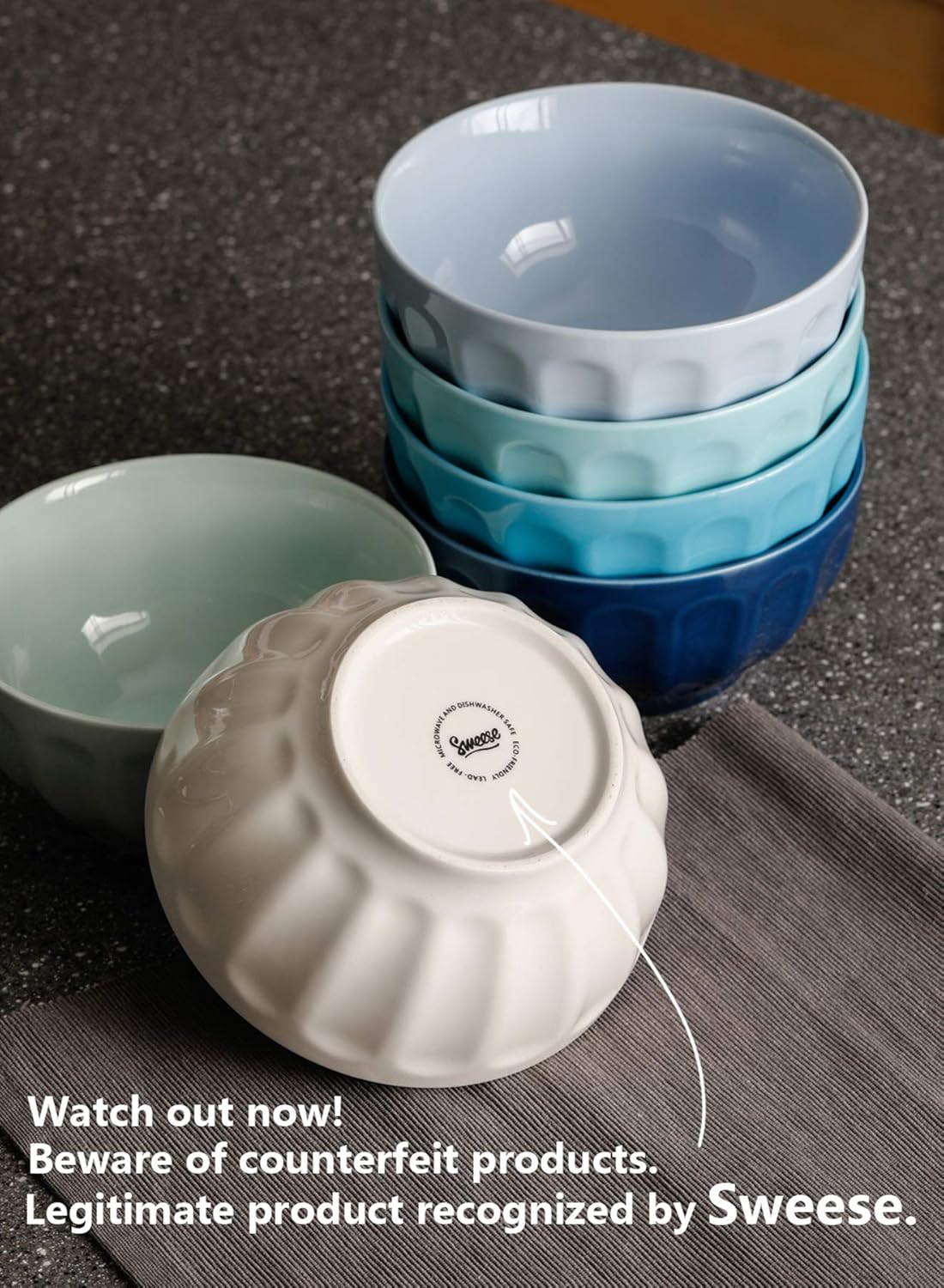  | Sweese 106.003 Porcelain Fluted Bowl Set - 26 Ounce for Cereal, Soup - Set of 6, Cool Assorted Colors: Cereal Bowls