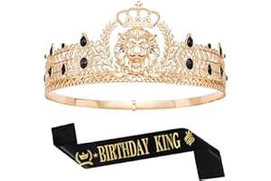 JITINX King Crown and Birthday Sash, King Crown for Men,Gold Men's Tiara Prince Diadem,Royal Medieval Cosplay Birthday Prom Halloween Hair Accessories