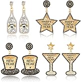 DTOFOOT 4 Pairs Sparkly New Years Earring for Women,New Years Eve Earrings Glitter Rhinestone Stud Beaded Champagne Bottle Drop Dangle Set for Party Earrings Holiday
