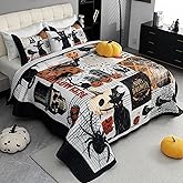 Cmfshape Halloween Quilt Set King Size,Black Reversible Quilt Bedding Set 3PCS,Bat Pumpkin Spider Festival Themed Bedspread King,Decorative Bedding Coverlet with 2 Pillow Shams(Black&White,104