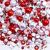 Briskbloom 60g Mix Flatback Pearls and Half Pearls for Crafts, 3620PCS Red White Pearl Rhinestones for Nails Face Art Tumblers, with Tweezers Wax Pen