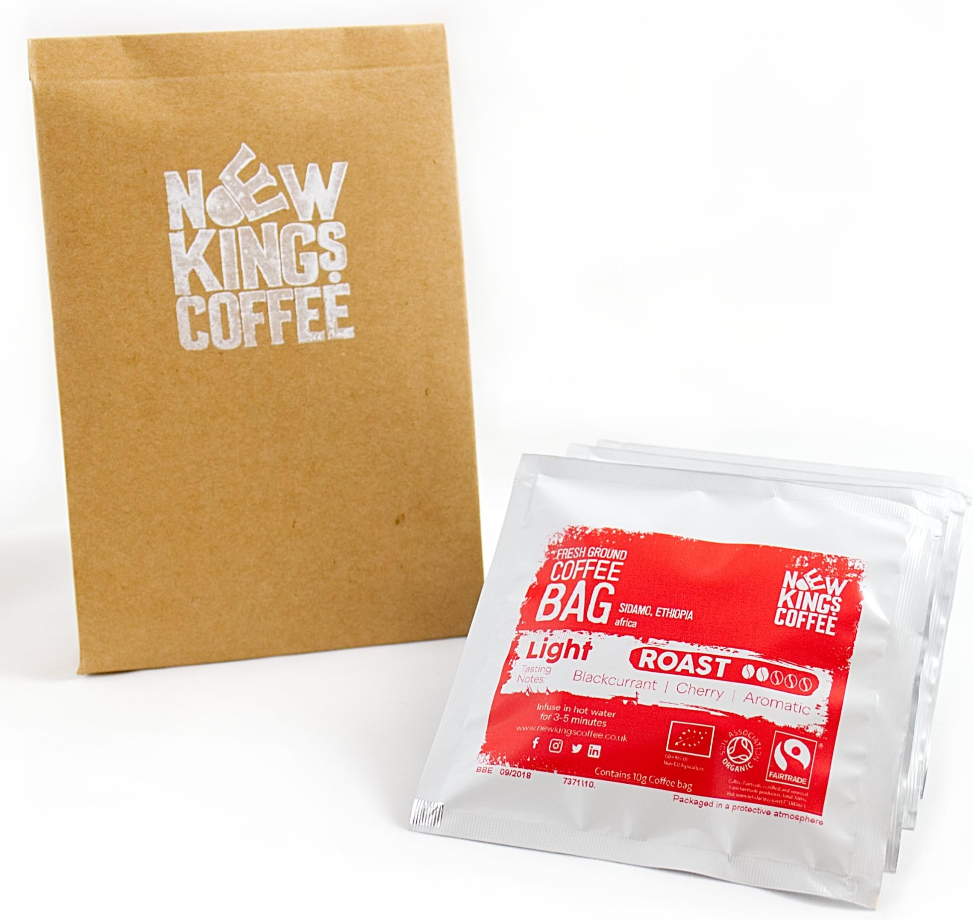 Fresh Ground Coffee Bags - Fairtrade, Organic, Single Origin, 100% Arabica (Light Roast - Sidamo, Ethiopia, Africa, Sample Pack of 4 Individually Wrapped Coffee Bags)