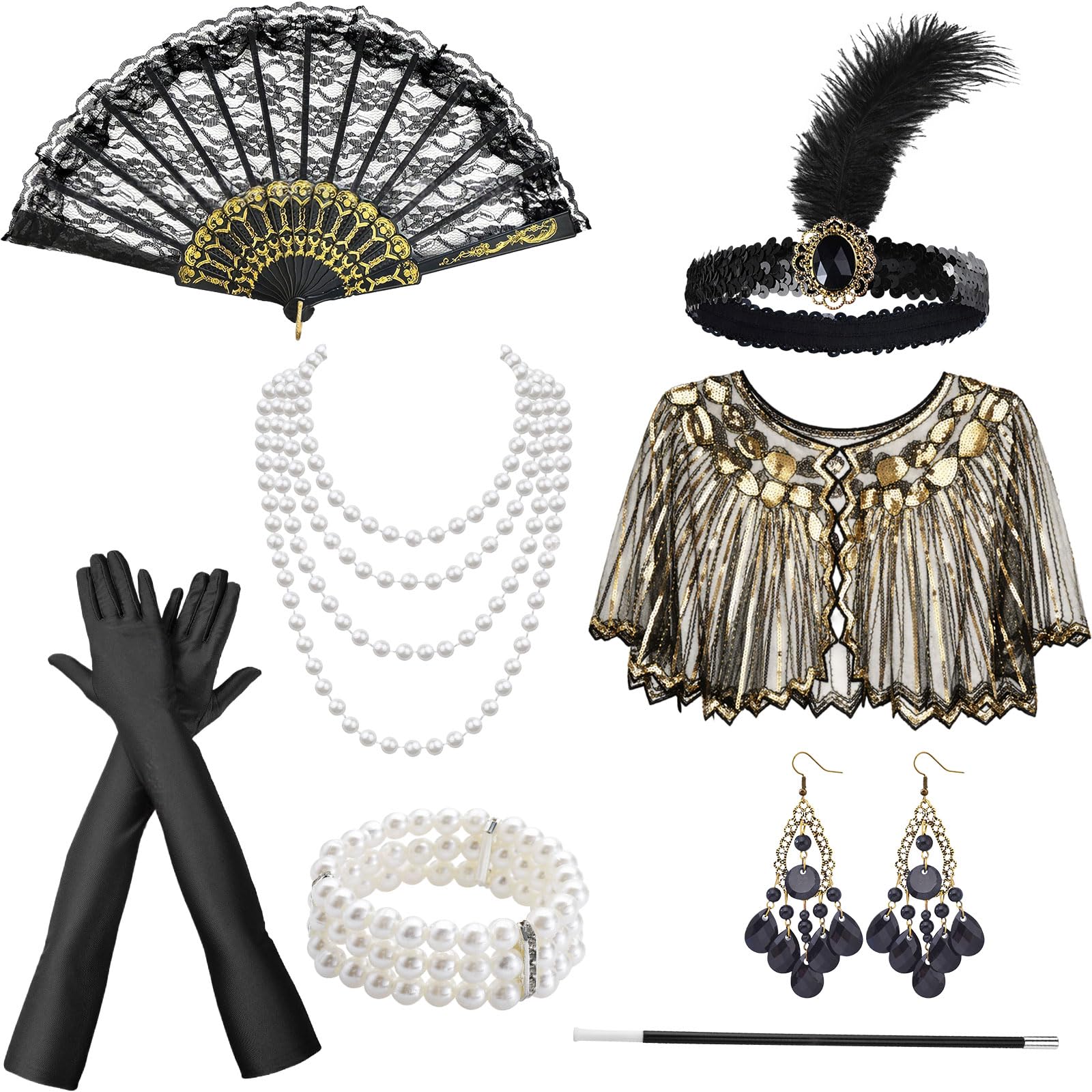 SSKHE 1920s Flapper Great Gatsby Accessories Set, Gatsby Accessories Women,Roaring 20's Theme Set with Headband Gloves Necklace Earrings Lace Folding Fan for Women Ladies (8)
