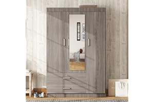 Polibi 3-Door Large Wardrobe with Mirror, 2 Storage Drawers, Modern Armoire Free-Standing Garment Wooden Closet Storage Cabinet, Wood Grain Effect in Gray