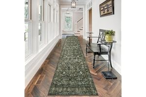 Morebes Vintage Carpet Runners for Hallway 12ft,Washable Extra Long Runner Rug for Entryway Indoor Non-Slip,Distressed Retro Soft Throw Rug for Kitchen Farmhouse Dining Room, Dark Green