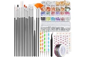 EDITTIME 36 in 1 Professional Nail Art Kit, Brushes & Dotting Pens Set with Rhinestones, Pearls, Metallic Foil Flakes, Striping Tape, Butterfly Stickers, Manicure Design Tools for DIY, Salon, Beginners (Black)