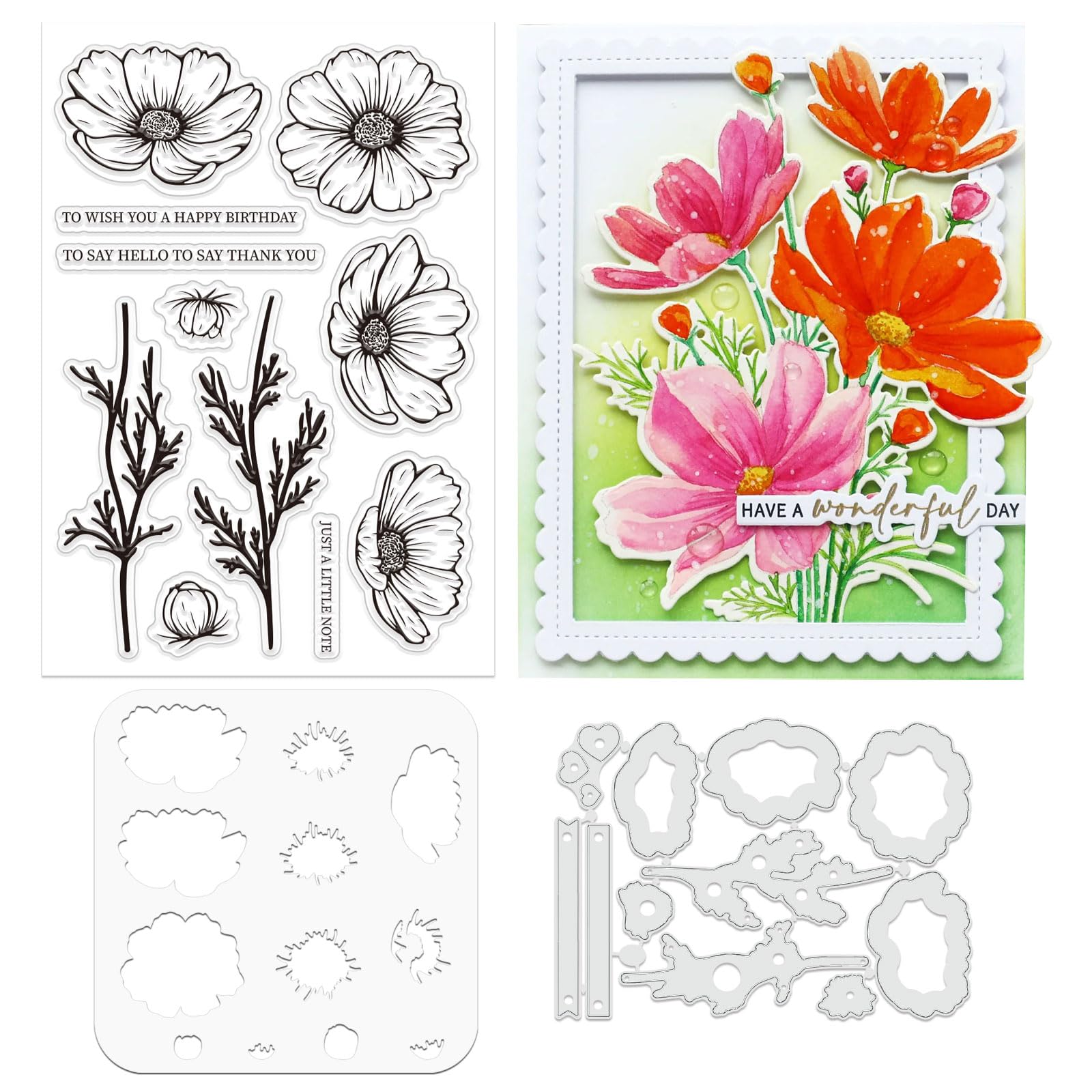 ORIGACH Cosmos Flower Layering Stencils Stamps and Die Set for Card Making, Coreopsis Stencil Template Clear Stamps and Die Sets for Scrapbooking Photo Album Crafting