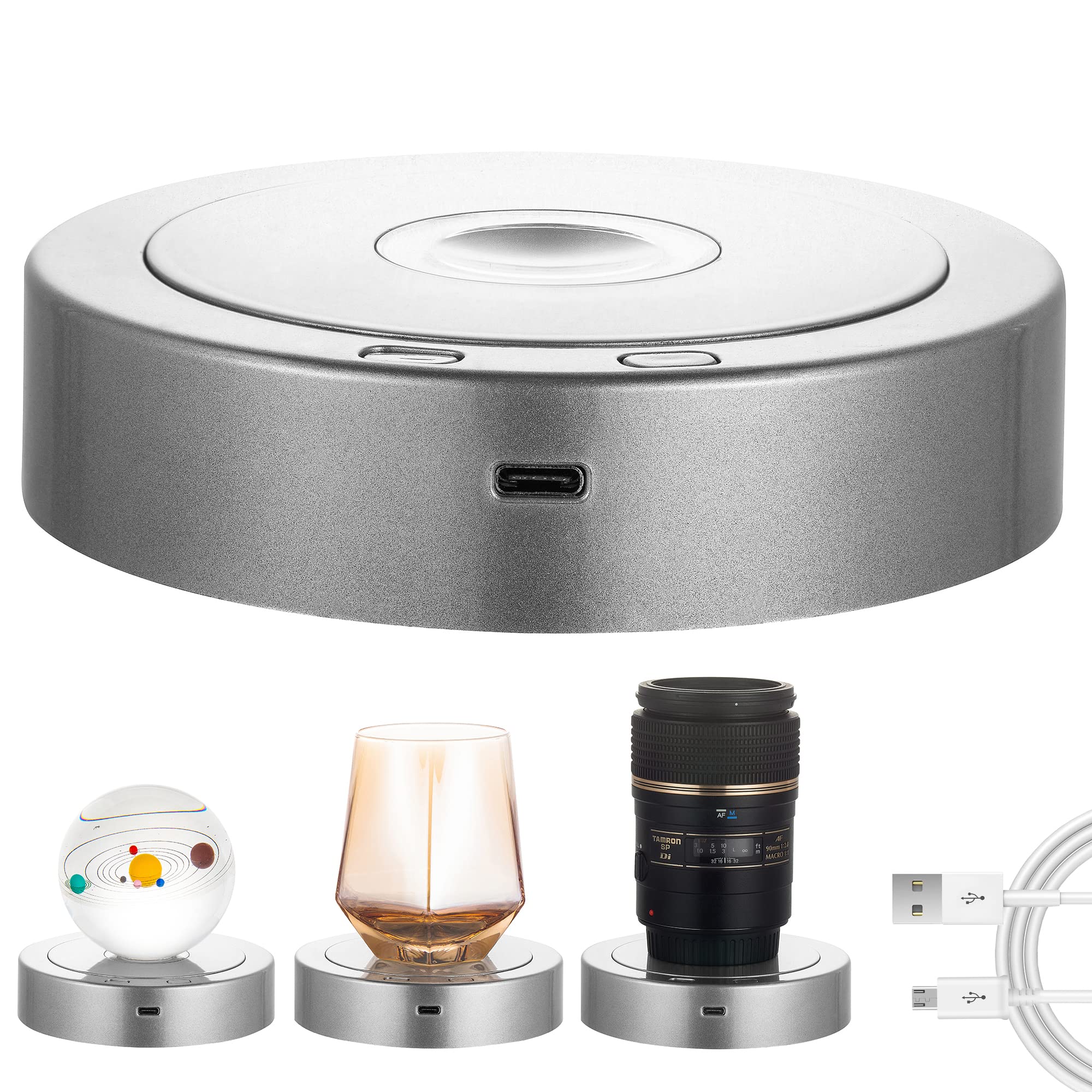 Photo 1 of Rotating Display Stand - Spinning Display Stand with Colored Lights - Lighted LED Base for Glass Art with 4 Revolving & 8 Light Modes - Electric & Battery-Operated Platform - 5.1x1.2" (Silver)