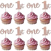 Rsstarxi 24 Pack One Cupcake Toppers Glitter 1st Birthday Cupcake Picks for Baby Shower First Birthday Party Cake Decorations Supplies Rose Gold