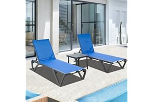 DOMI OUTDOOR LIVING Domi Pool Lounge Chairs Set of 3, Adjustable Aluminum Plastic Outdoor Chaise Lounge with Side Table, All Weather for Deck Lawn Poolside Backyard-Blue Textilene