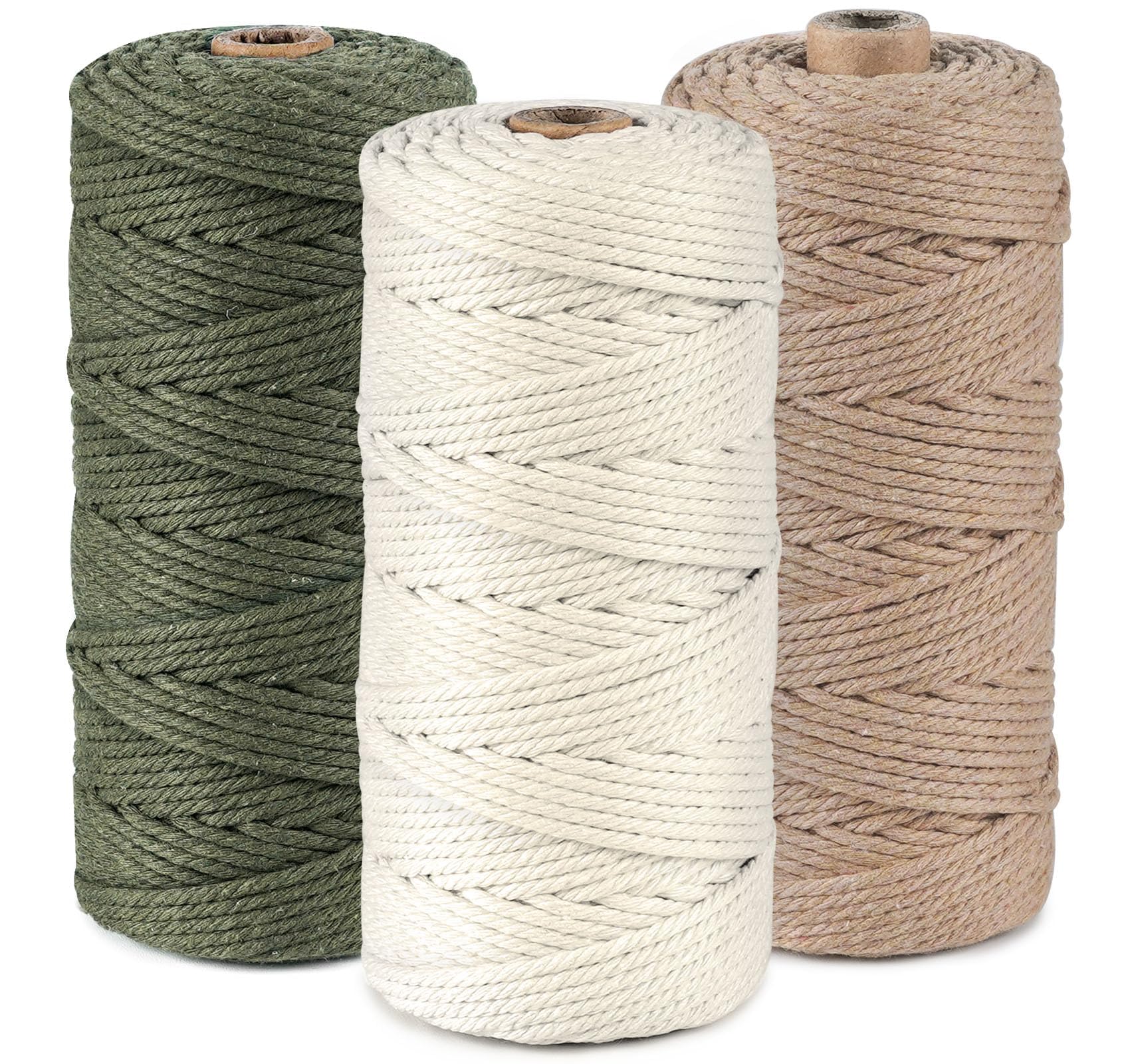 3 Roll Macrame Cord 3mm x 100m, Garden Twine, Garden String, Twine String for Crafts, Natural Cotton Rope for Wall Hanging, Plant Hangers, 4-ply (Green, Beige, Brown)