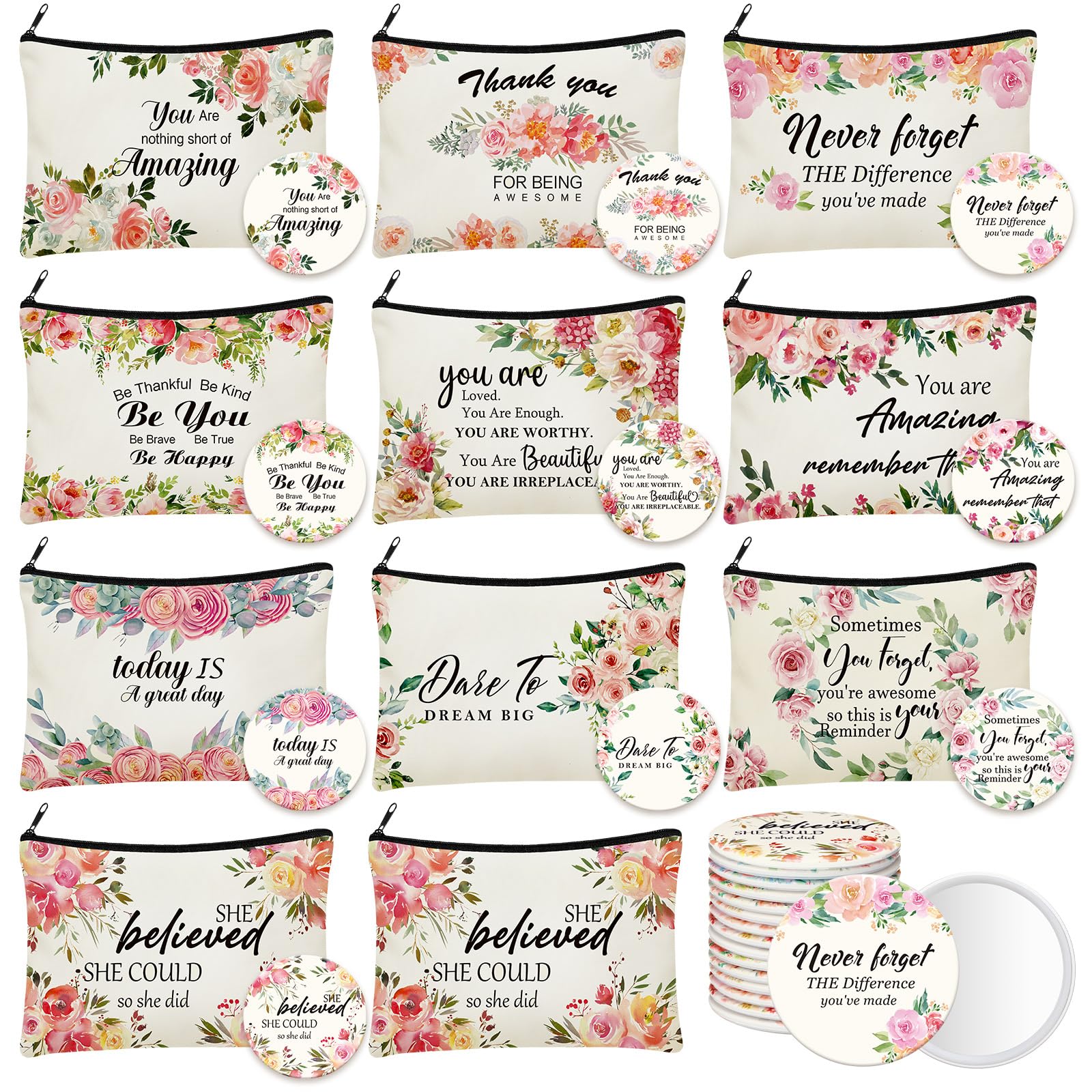 Photo 1 of Kacctyen 20 Pcs Christmas Inspirational Gifts 10 Canvas Cosmetic Bags 10 Mirrors Thank You Makeup Bags Travel Toiletry Pouch Bulk for Church Women Teacher Coworker Employee Coworker Mothers