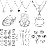 17IF 53 PCS(8 PACK) Silver Plated Jewelry Set with 6 Necklace 11 Ankle Bracelet 30 Kunckle Ring 6 Pair Earring hoop Vintage Boho Pearl for Women Birthday Travel Holiday