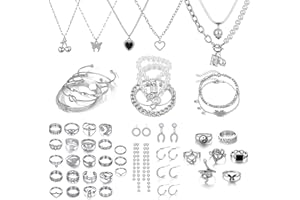 17IF 53 PCS(8 PACK) Silver Plated Jewelry Set with 6 Necklace 11 Ankle Bracelet 30 Kunckle Ring 6 Pair Earring hoop Vintage Boho Pearl for Women Birthday Travel Holiday