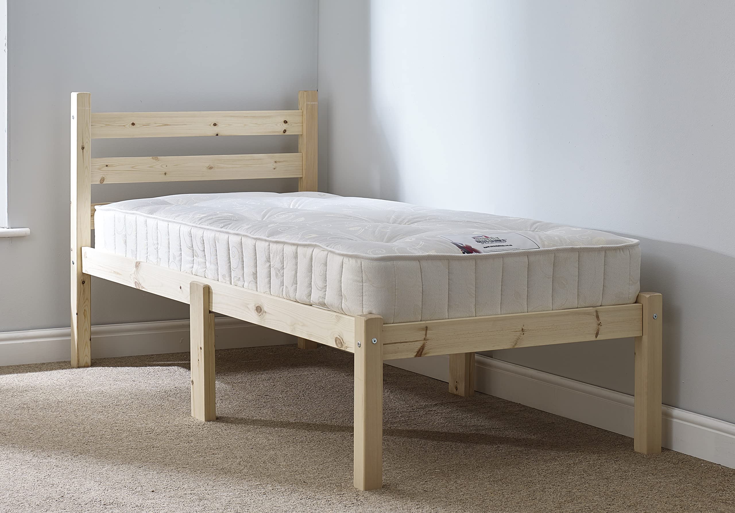 STRICTLY BEDS&BUNKS Thor Pine Bed Frame including Sprung Mattress (20 cm), 3ft Single