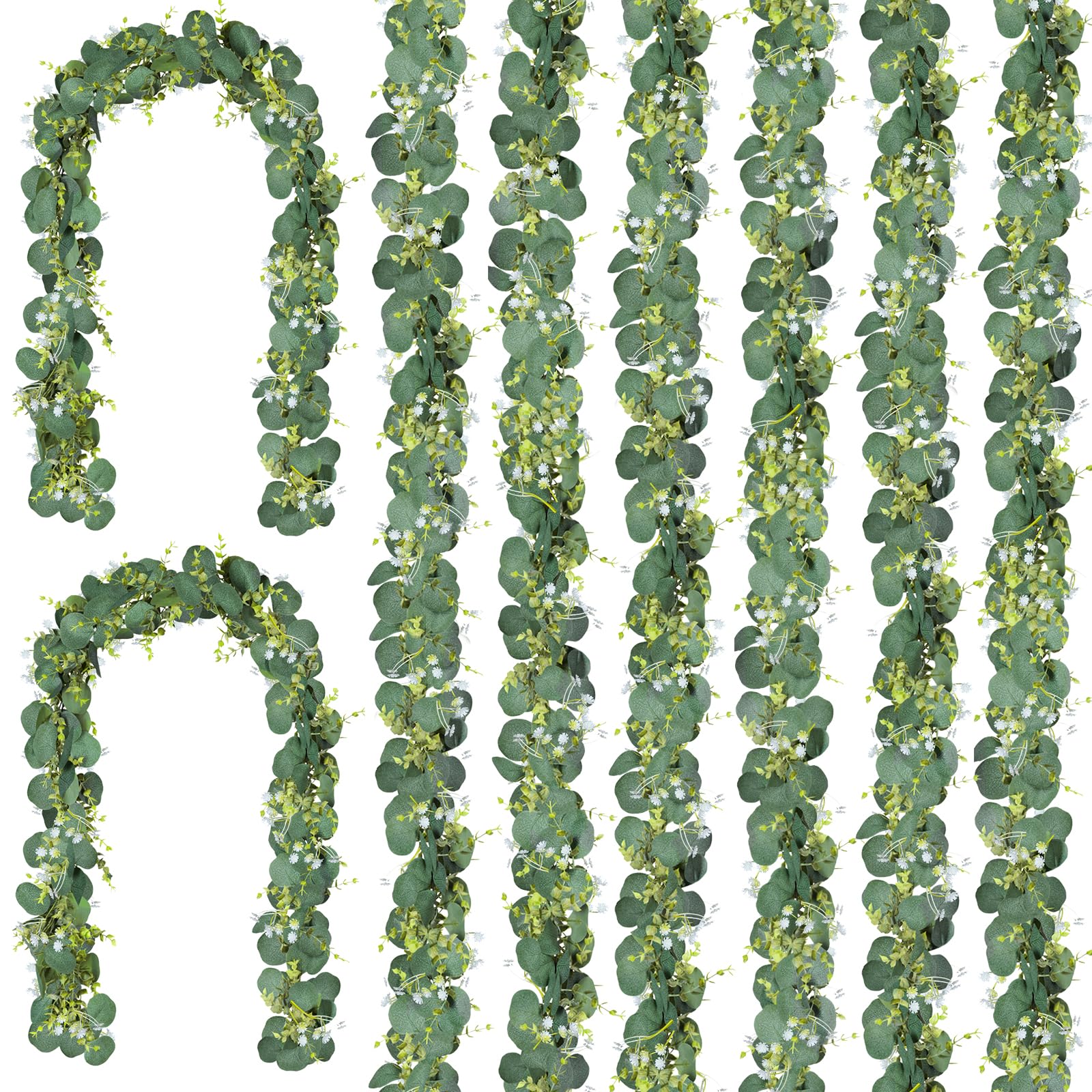 Photo 1 of CQURE 8 Pack 5.9Ft Eucalyptus Garland,Artificial Eucalyptus Flowers Leaves Table Greenery Garland Wreath Vines for Wedding Party Table Bedroom Wall Decor