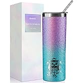 Onebttl Owl Gifts for Women - 20oz/590ml Stainless Steel Insulated Glitter Tumbler with Straw - Skinny Tumbler for Owl Lovers on Birthday, Xmas - (Purple-Blue Gradient)