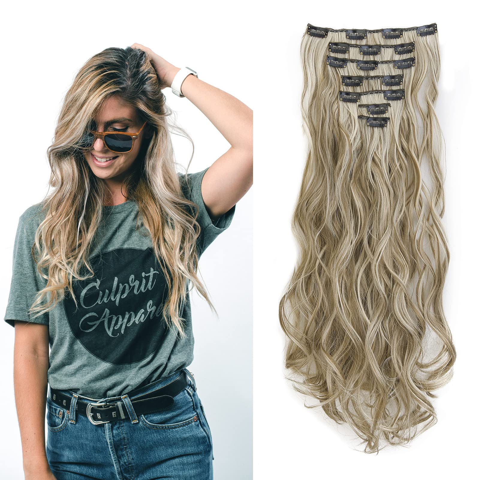 Gairyan 20inch Curly Hair Extensions Clip in Long Hair Extension 7PCS Full Head Highlight Synthetic Wavy Hairpiece for Women (Golden Brown & Bleach Blonde) โ image 1