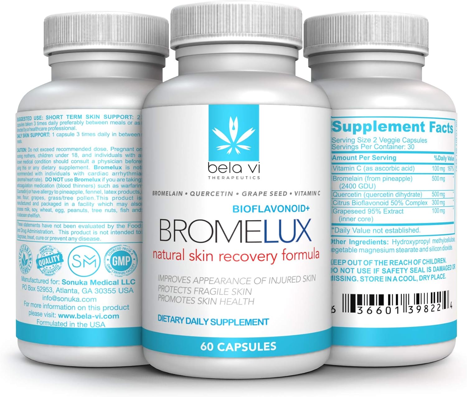BROMELUX Anti-Bruising Supplement I Bromelain & Quercetin Complex: Swelling & Bruise Relief, Natural Anti-Inflammatory Treatment I for Daily Care & Recovery After Surgery & Skin Trauma I 60 Capsules: Health & Personal Care
